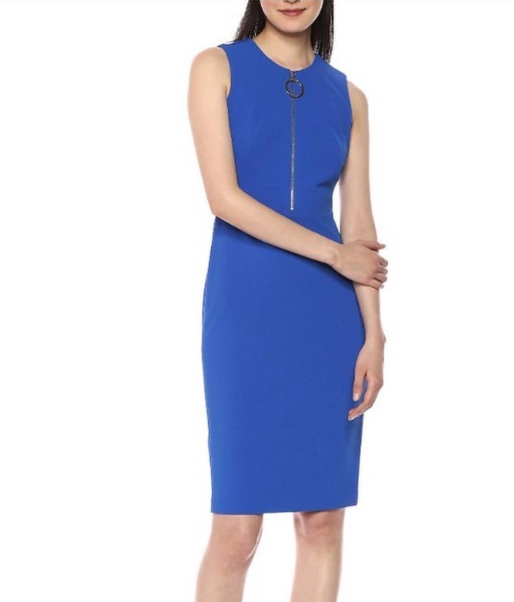 Calvin Klein Plus Size Sheath Dress Womens 18W Royal Blue Zip Front Sleeveless